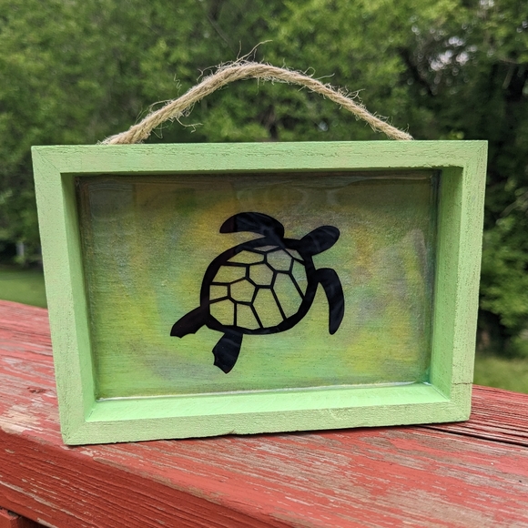 Turtle Wall Hanging Resin Handmade Green Art Wood Shadowbox Canvas Turtles - Picture 6 of 8